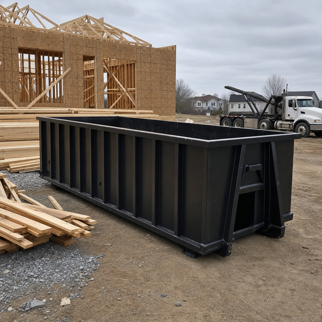 Matte-black 40-yard roll-off dumpster staged on a framed-out residential construction site in Brentwood, framing lumber stacked nearby, hooklift delivery truck visible in the background under bright Colorado daylight
