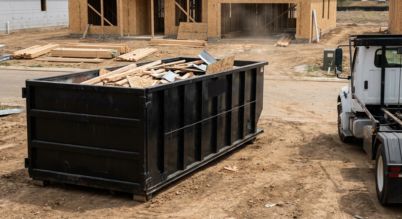 Matte-black 20-yard roll-off construction dumpster with heavy ribbed steel sidewalls and swing rear doors at a working jobsite in Brentwood, sitting directly on compacted dirt with an unmarked white hauler partially visible at the far edge of the frame.