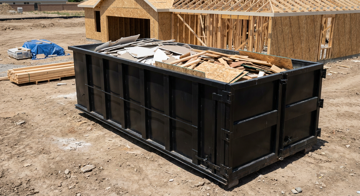 Matte-black 30-yard roll-off construction dumpster sitting directly on the compacted-dirt site of a framed single-family home build in Brentwood, drywall and lumber scrap loaded inside.