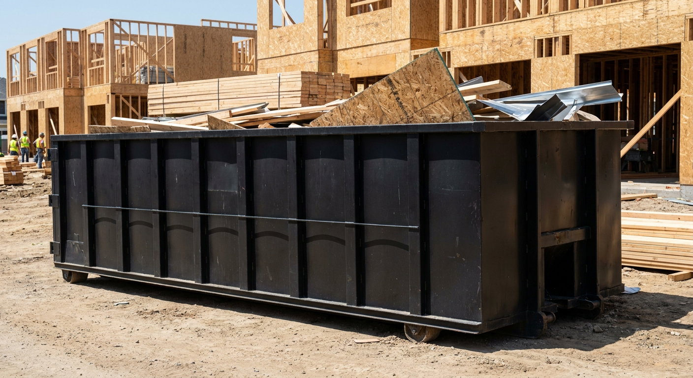 Matte-black 40-yard roll-off construction dumpster being lowered from a white-cab hooklift delivery truck onto the compacted-dirt jobsite at a commercial build site in Brentwood