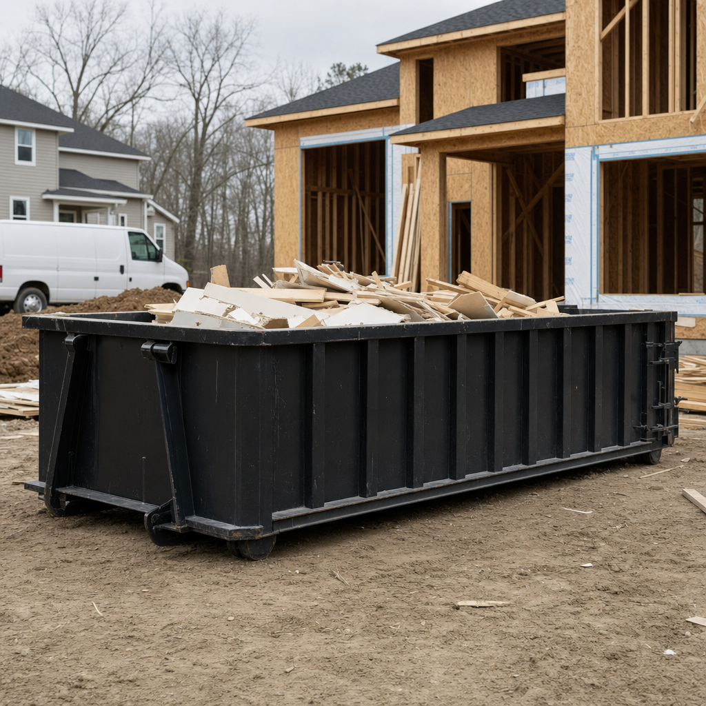 Worker in a yellow high-visibility vest tossing framing lumber and broken drywall into a matte-black 30-yard construction roll-off dumpster on an active build site in Brentwood, bright daylight