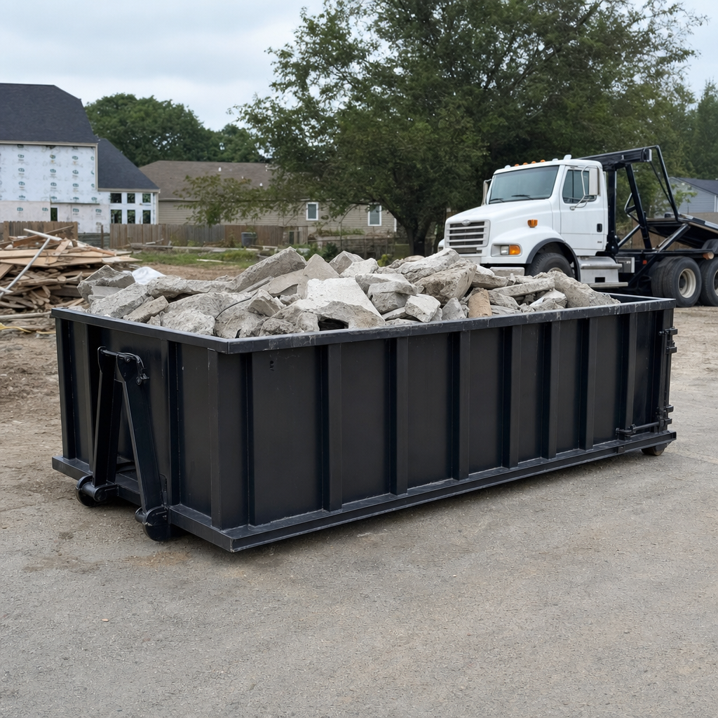 Low-profile matte-black lowboy roll-off dumpster loaded with broken concrete slab and rebar at a foundation tear-out in Brentwood, skid steer parked beside it, sunny Colorado morning