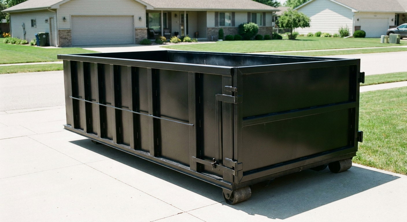 Matte-black 10-yard roll-off dumpster on a residential concrete driveway in Brentwood, uniformly painted matte black across every panel and rail, ribbed steel sidewalls and rear swing door visible, mid-day daylight.