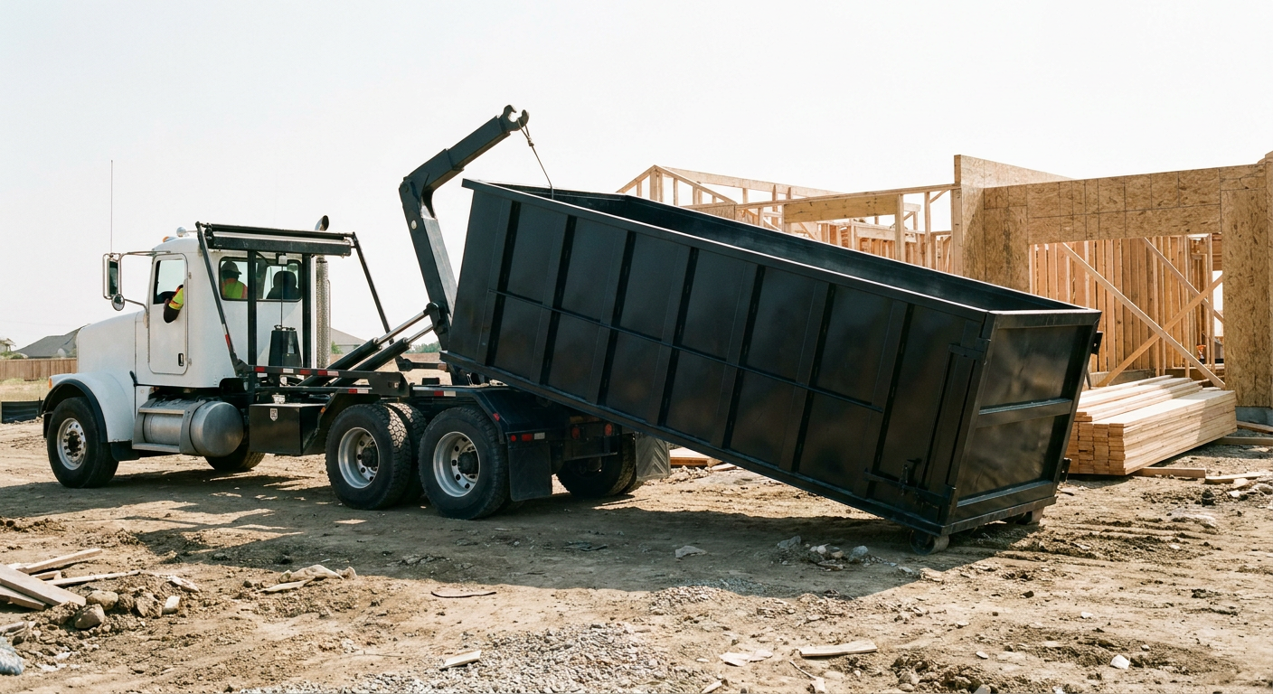 Matte-black roll-off dumpster being delivered onto a clean residential concrete driveway in Brentwood by an unmarked white hooklift hauler truck, bright morning daylight, documentary 35mm perspective.
