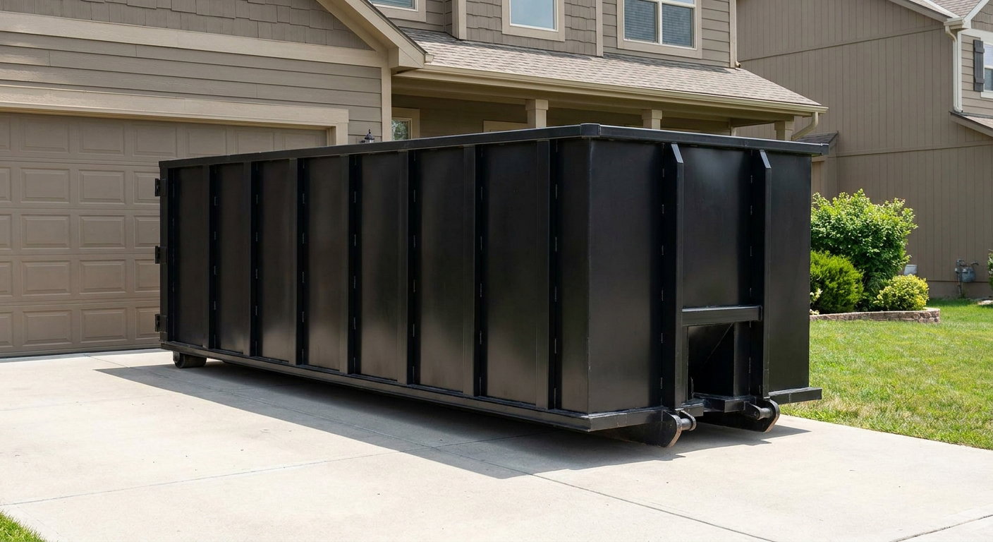Matte-black residential roll-off dumpster sitting directly on a suburban Brentwood concrete driveway, garage door closed, single-family home in background, bright morning daylight.