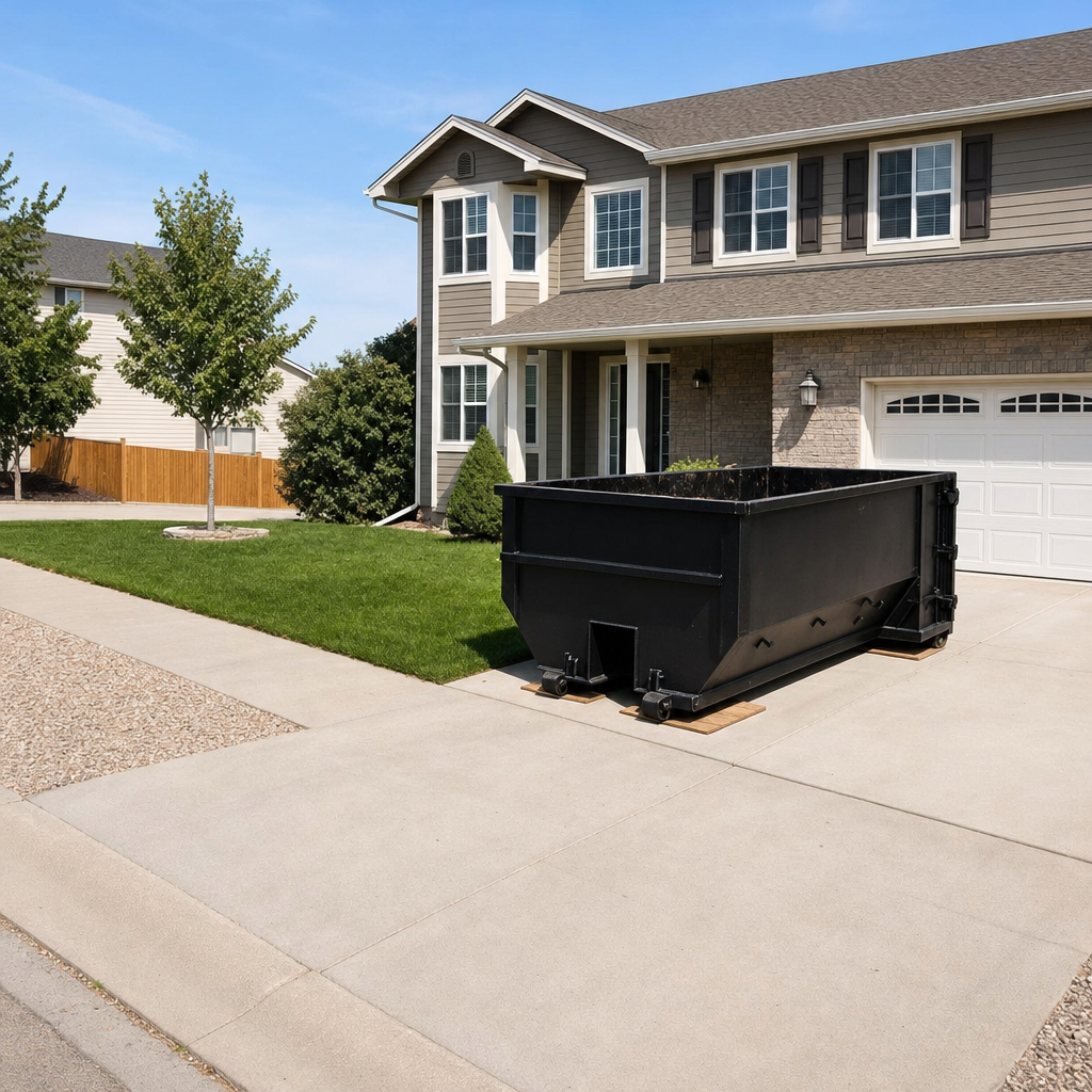 10-yard matte-black residential dumpster placed directly on a narrow Brentwood concrete driveway, room remains for a parked sedan beside it, mid-morning natural light
