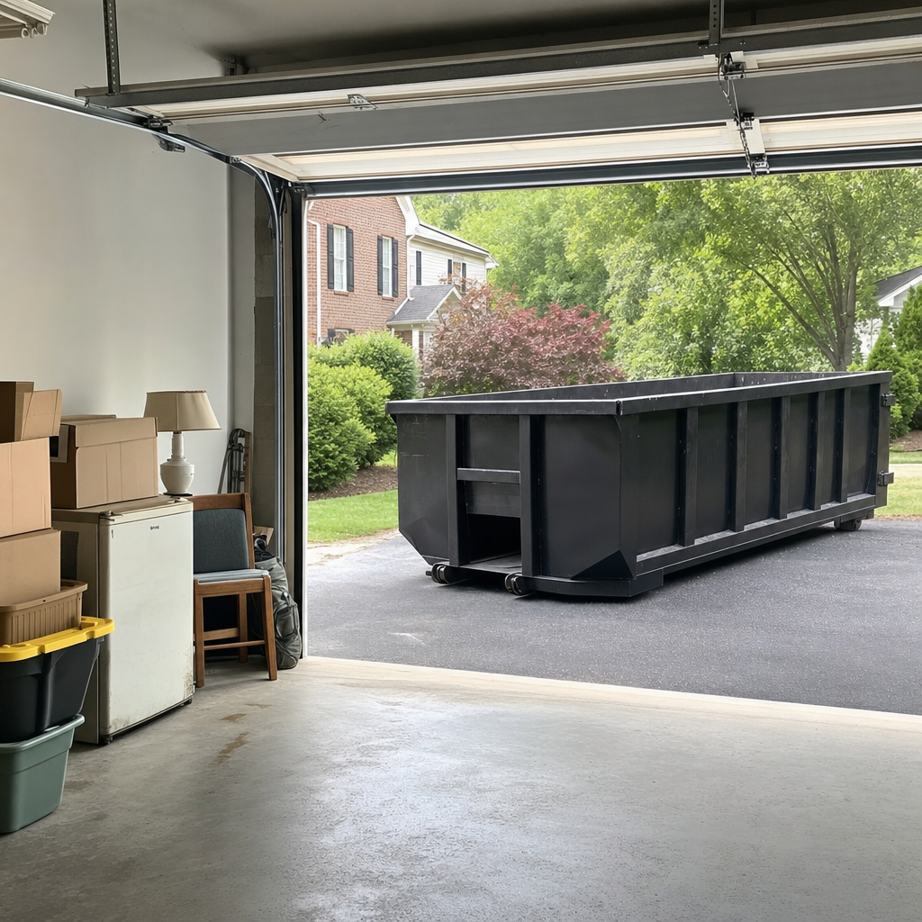 Open garage interior in a Brentwood home mid-cleanout — boxed items, an old appliance, and stacked yard tools queued near the driveway for a matte-black roll-off dumpster, organized and calm