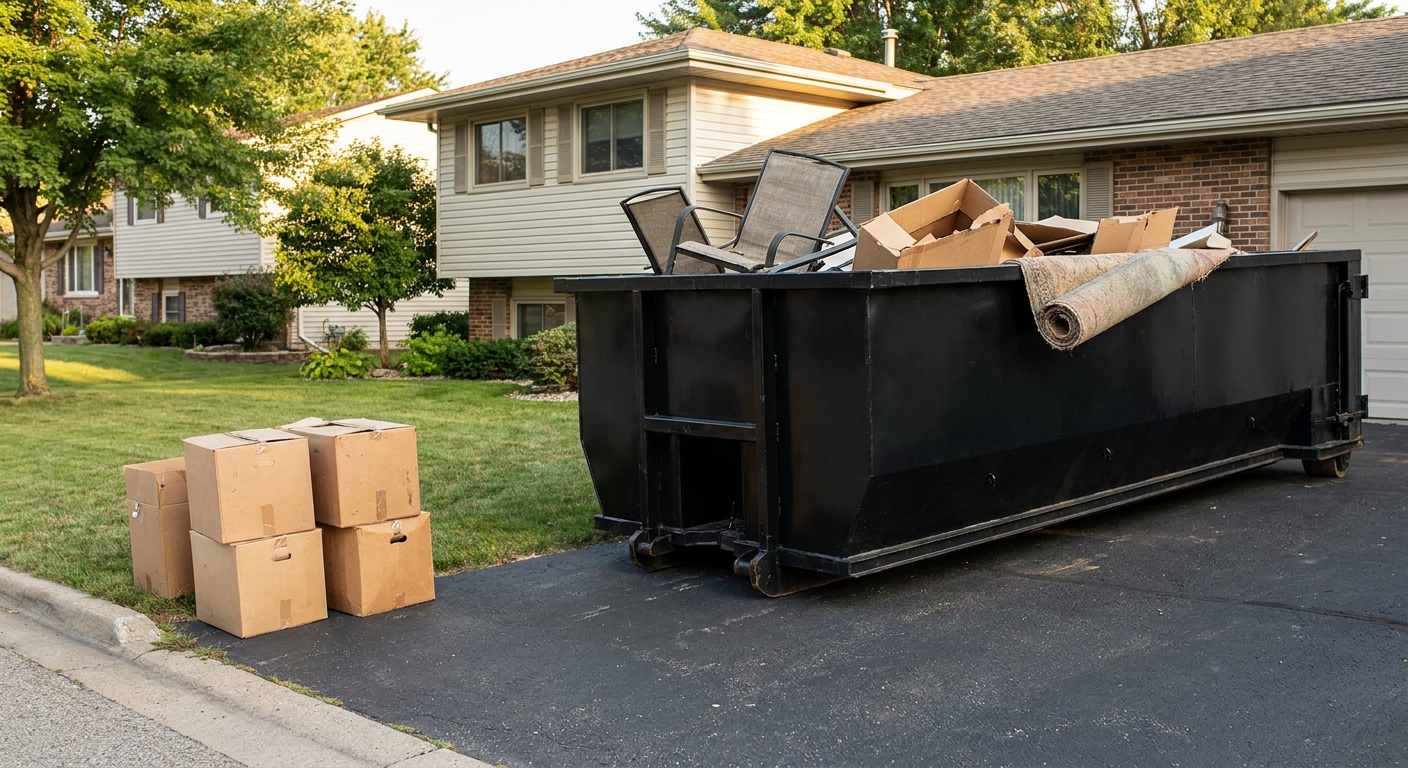 Front-yard view of a Brentwood split-level home with a 20-yard matte-black roll-off dumpster sitting directly on the asphalt driveway, a few clearly labeled donation boxes staged at the curb, calm sunny afternoon.