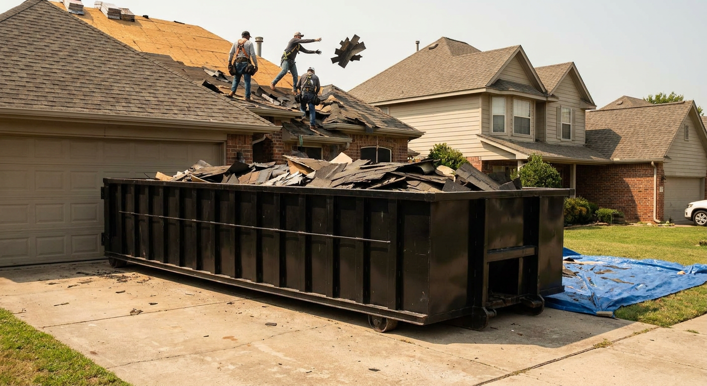 Matte-black roofing roll-off dumpster placed directly on a Brentwood residential concrete driveway, a tear-off crew on a two-story asphalt-shingle roof tossing shingle bundles into the low-walled container, bright daylight, documentary 35mm perspective.