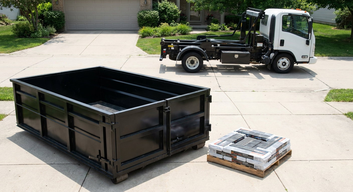 Matte-black 15-yard roofing roll-off dumpster with reinforced low side walls sitting directly on a Brentwood residential concrete driveway, three-tab asphalt shingle bundles stacked nearby, an unmarked white hauler truck partially visible at the edge of the frame.
