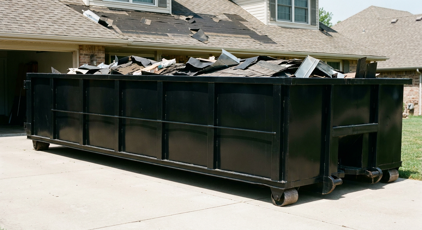 Matte-black 20-yard roofing roll-off dumpster with steel ribbed sides and swinging rear door, sitting directly on the concrete driveway of a two-story Brentwood home, asphalt shingle debris being loaded over the low wall, clean documentary lighting.