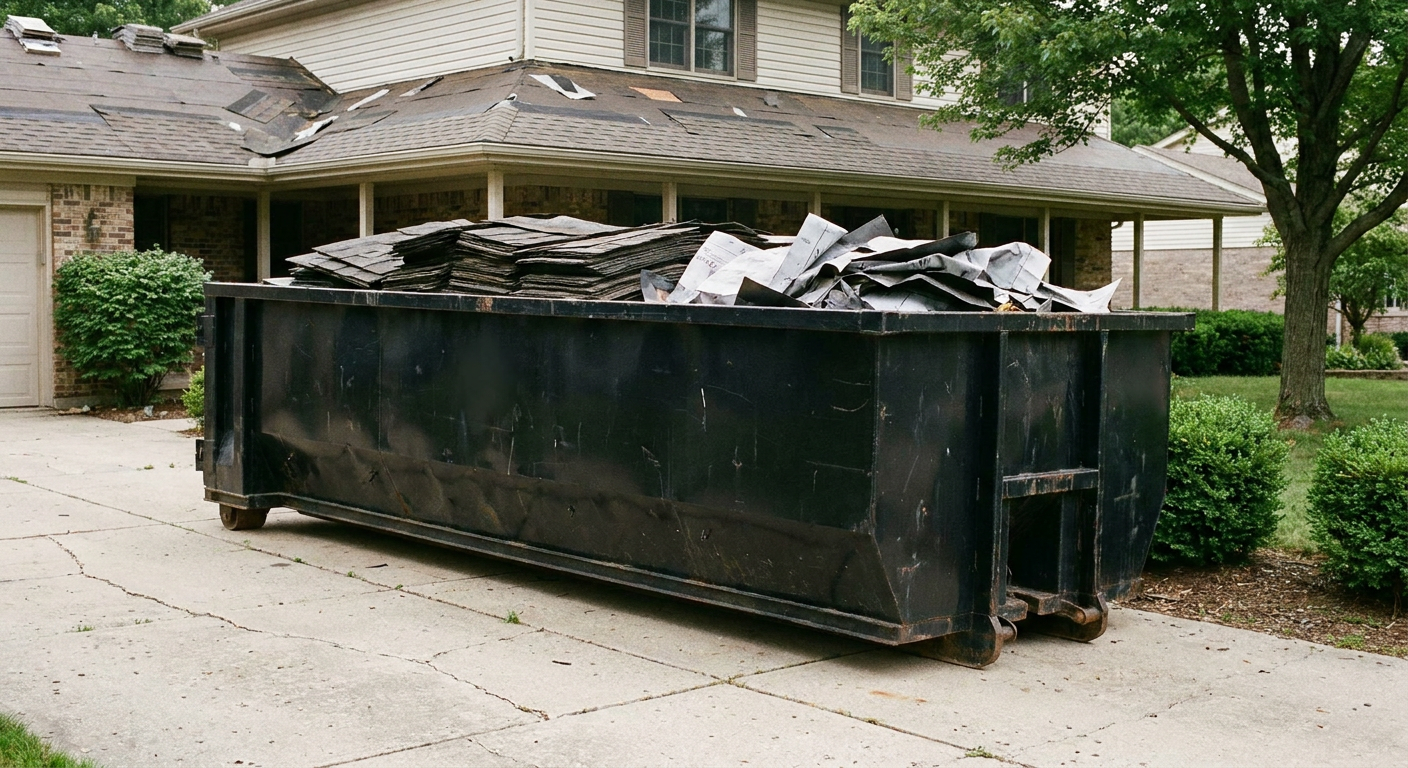 Matte-black 30-yard roofing roll-off dumpster sitting directly on a Brentwood concrete driveway, taller ribbed steel side panels, mixed tear-off debris of asphalt shingles and underlayment inside, professional documentary daylight.