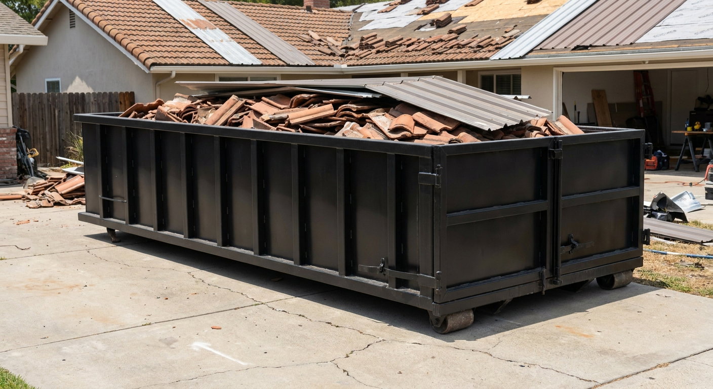Matte-black low-wall heavy-debris roofing roll-off dumpster sitting directly on a Brentwood concrete driveway, broken concrete clay roof tiles and metal panel sections loaded inside, reinforced ribbed steel side walls visible, bright outdoor daylight.