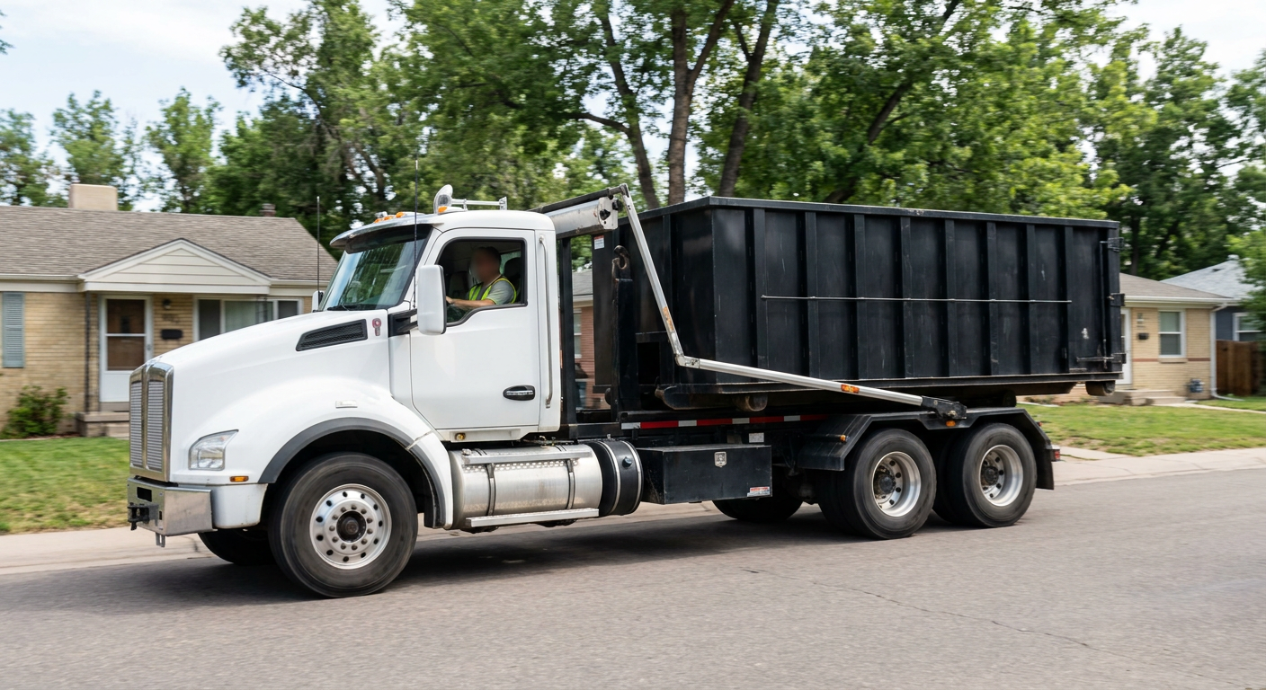 A wide documentary shot of a matte-black roll-off delivery truck pulling onto a quiet Brentwood residential street at mid-morning, with neighborhood rooftops and tree-lined blocks visible behind, showing the metro coverage footprint.