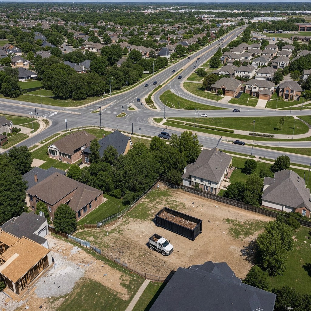 An overhead documentary view of the Brentwood metro area at midday, showing the spread of neighborhoods, arterial roads, and the dispatch radius from a central yard — clean daylight, organized geographic layout.