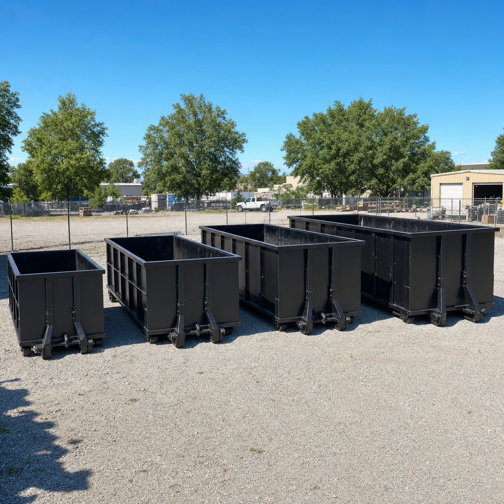 A clean lineup of matte-black roll-off dumpsters in 10, 20, 30, and 40-yard sizes staged on a sunlit gravel yard in Brentwood, showing the size progression from compact to commercial-scale containers.