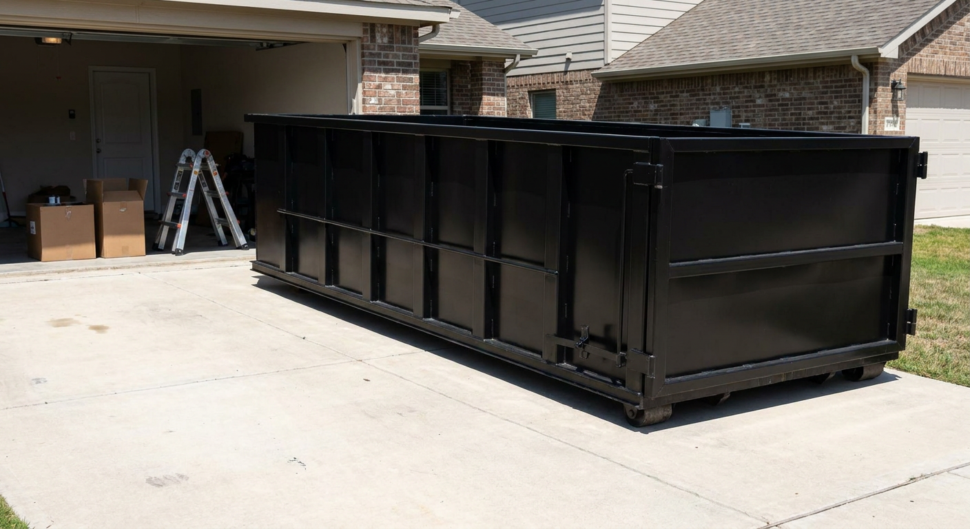 A matte-black 10-yard roll-off dumpster sitting directly on a residential Brentwood concrete driveway, mid-day sunlight, clean and ready for a garage cleanout.