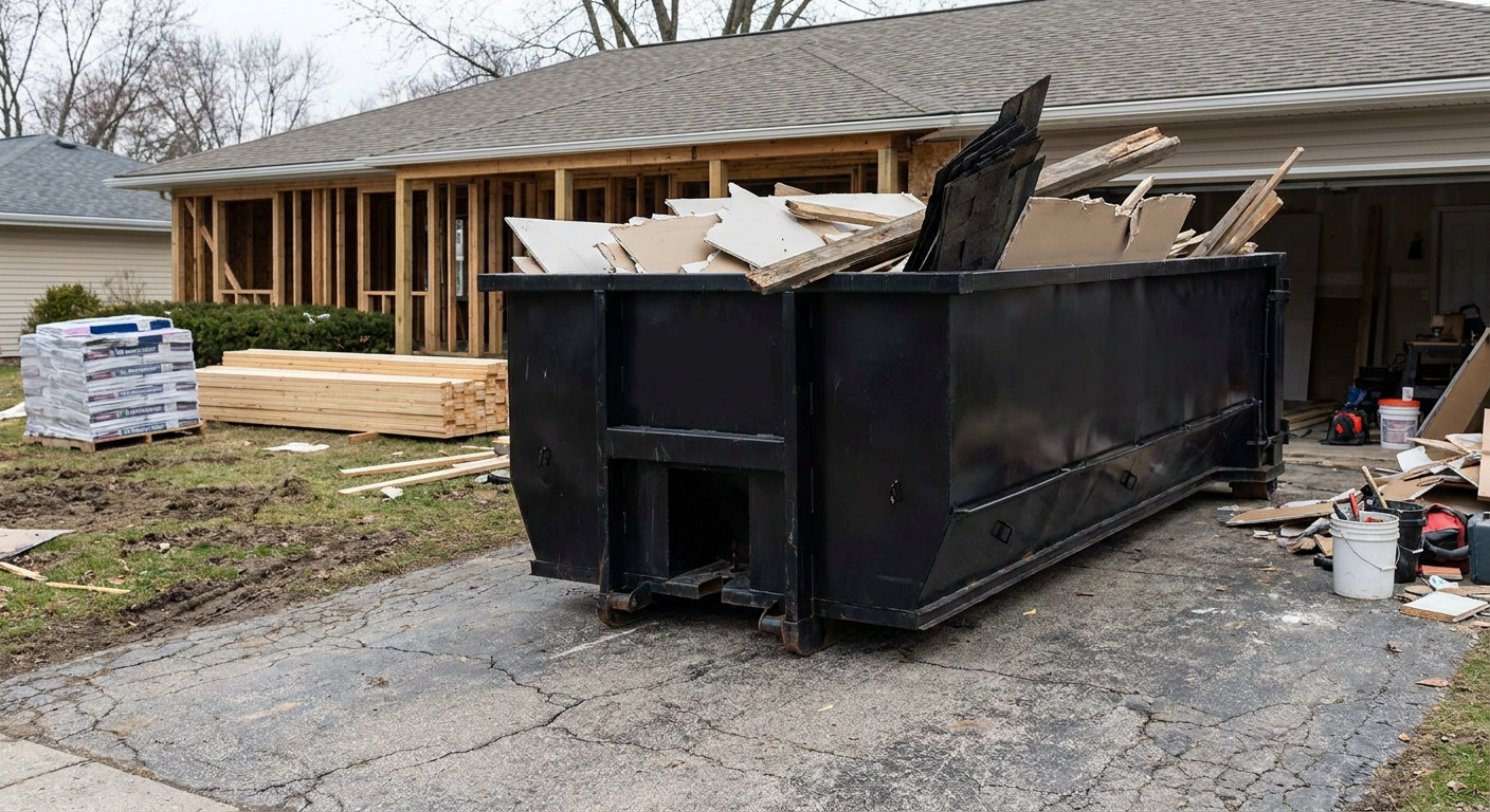 A matte-black 20-yard roll-off dumpster placed alongside a mid-renovation Brentwood home directly on the asphalt driveway, with framing materials and torn-off shingles staged neatly nearby.