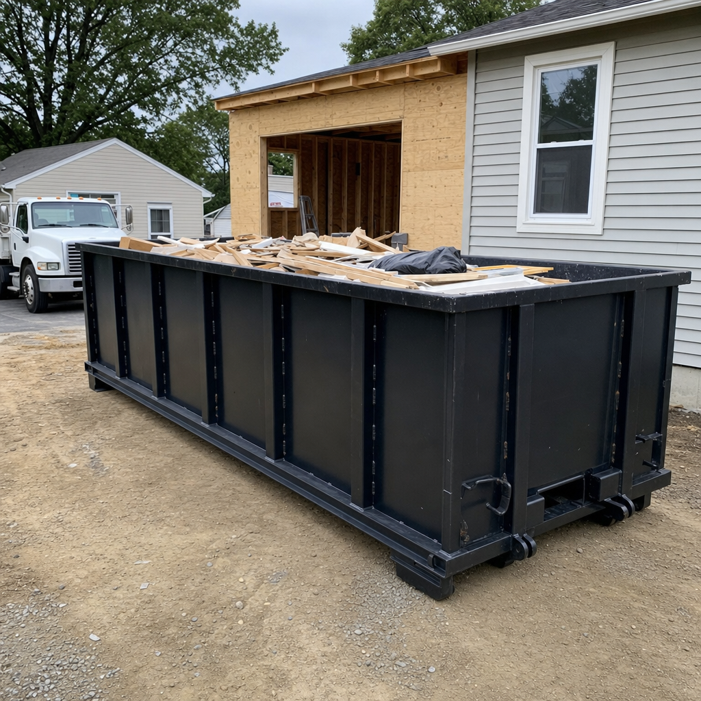 A matte-black 30-yard roll-off dumpster positioned at a Brentwood residential addition jobsite, with framing lumber and drywall scraps loaded through the open swinging rear doors.