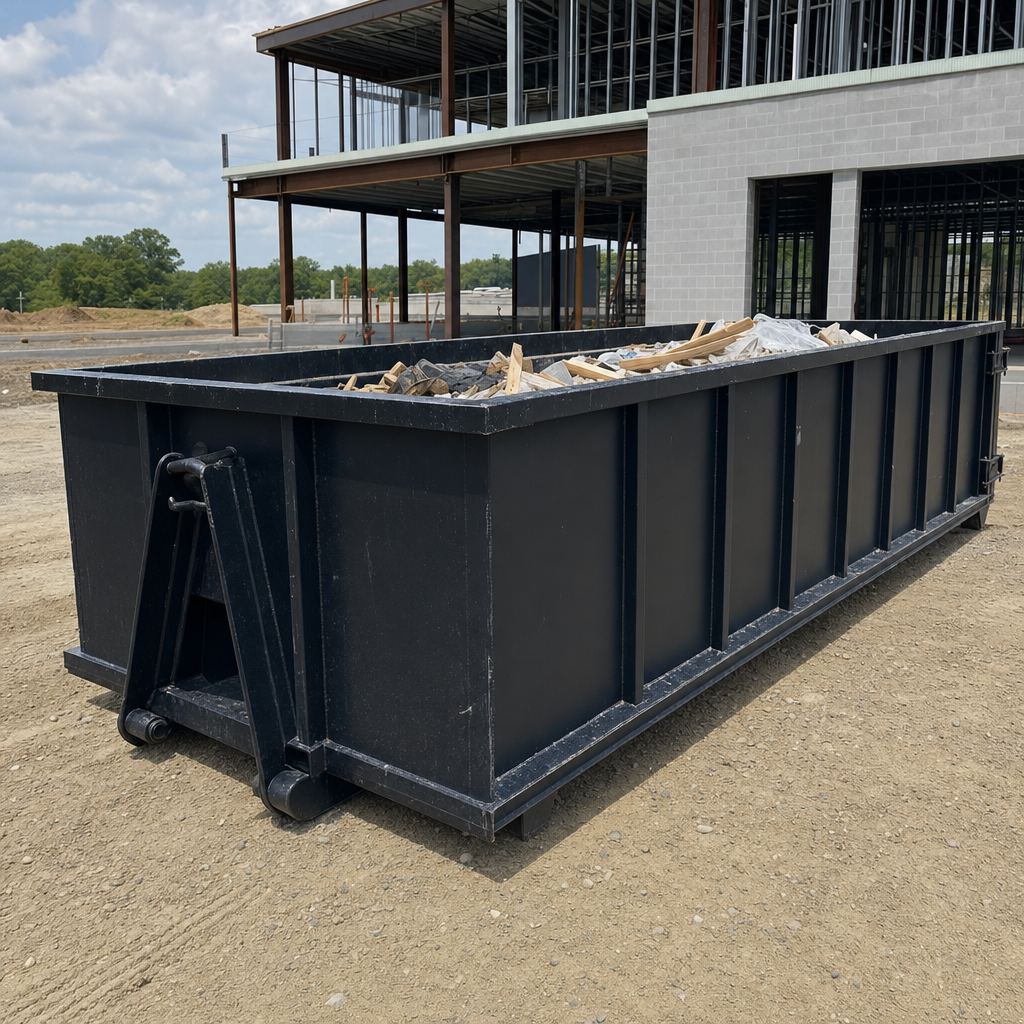 A matte-black 40-yard roll-off dumpster staged on a large Brentwood commercial construction lot, with a hooklift delivery truck parked alongside under bright midday sky.