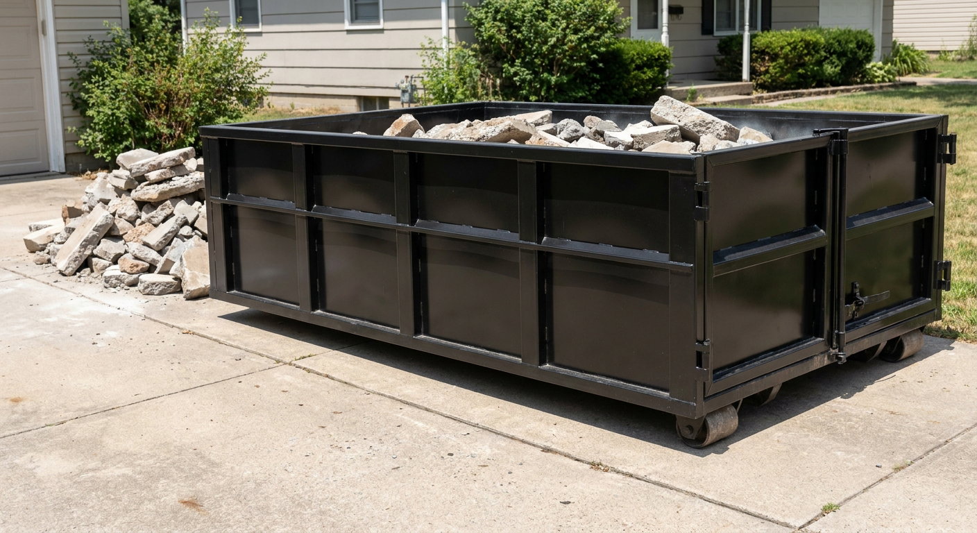 A matte-black low-side heavy-debris roll-off dumpster placed directly on a Brentwood concrete driveway, with broken concrete chunks neatly stacked beside it under clean daylight.