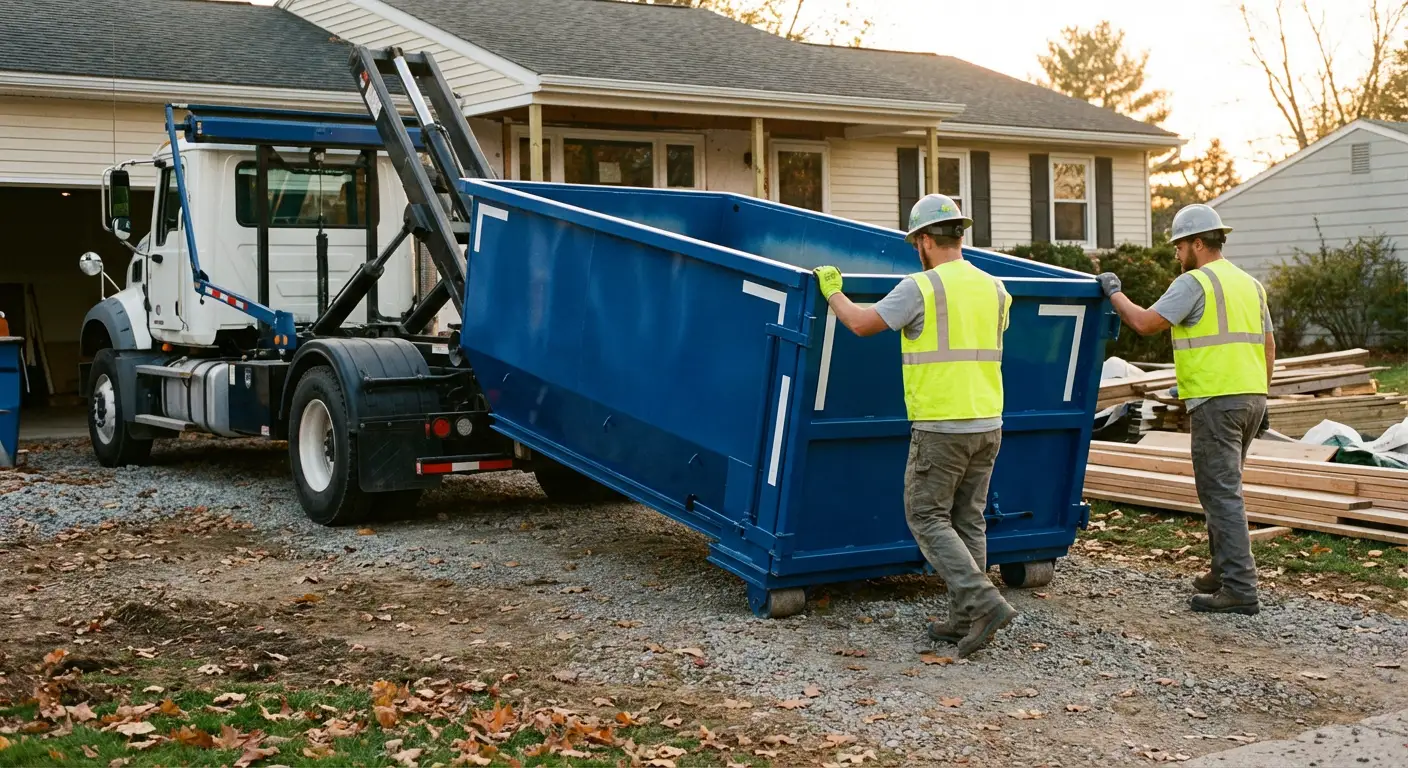 Construction dumpster delivery truck in action in Brentwood, CA