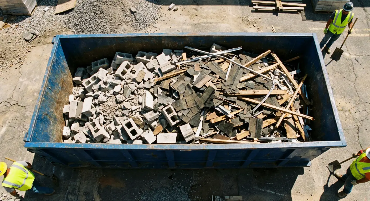 Roll-off dumpster loaded with construction debris in Brentwood, CA