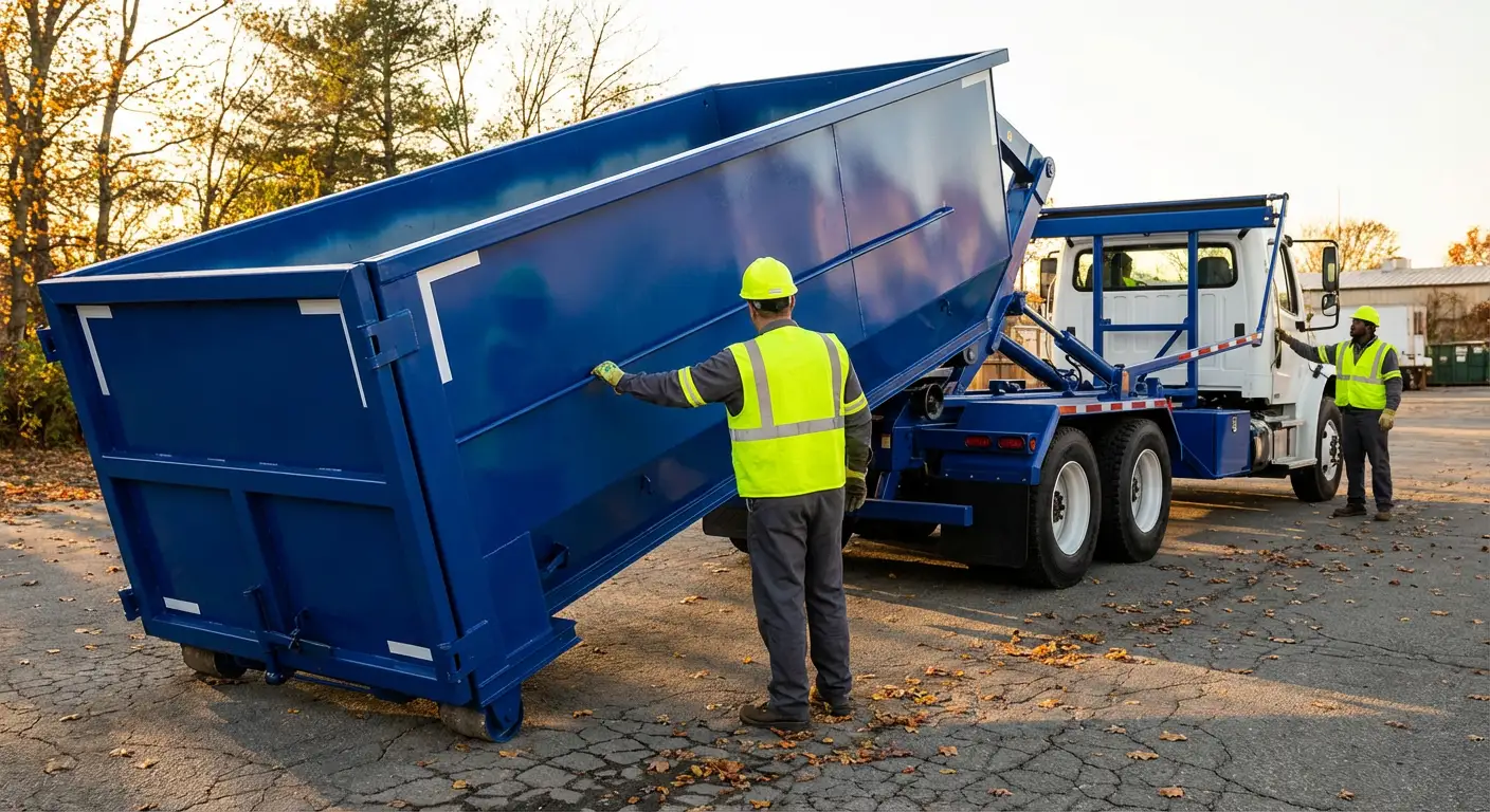Commercial roll-off dumpster delivery truck in Brentwood, CA