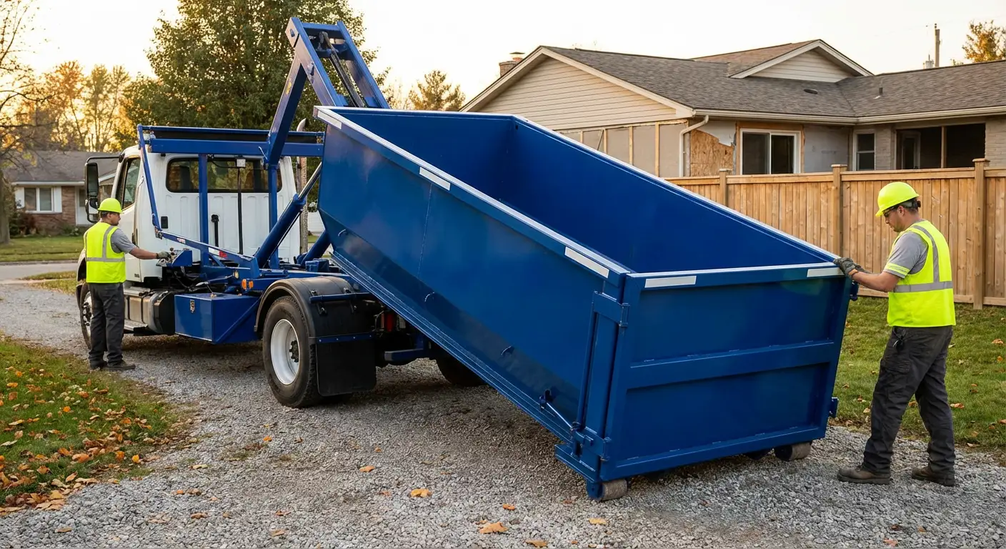 Roll-off dumpster rental delivery truck in Brentwood, CA