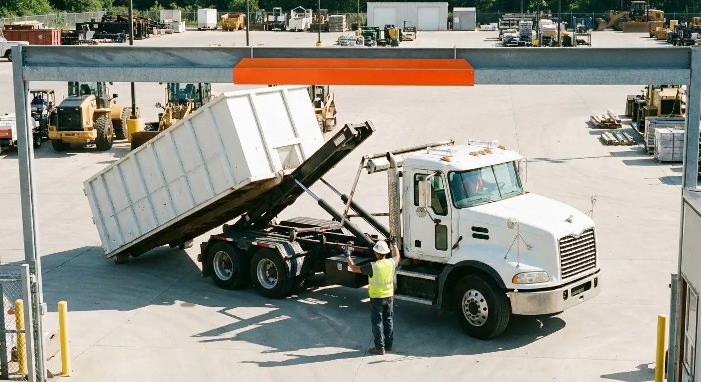 Commercial dumpster delivery truck specifications and clearance requirements in Brentwood, CA