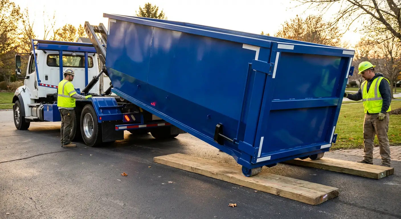 Dumpster delivery on driveway in Brentwood, CA